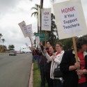 Garfield teachers Emily Neidhart, center, and Michelle Sanchez picketed outside the Ed. Center in support of SDEA's bargaining proposal.