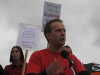 Patrick Henry English teacher Mark Frerichs spoke passionately at the rally on behalf of SDEA's bargaining proposal.